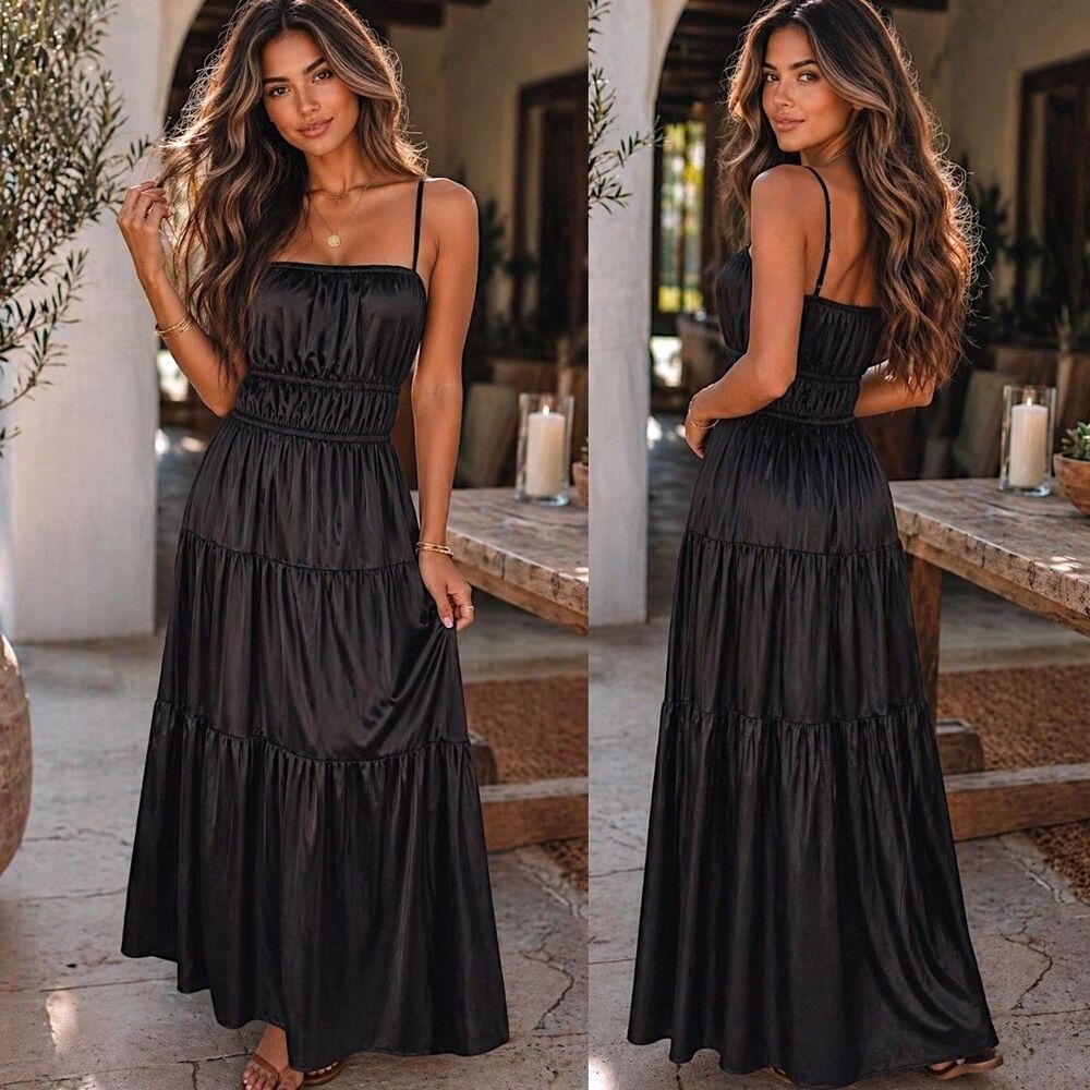 Fairygrunge Whimsigoth XS Black Satin Tier Maxi Dress Smocked Boho Minimalist